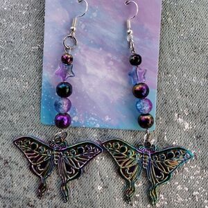 Luna moth moon butterfly earrings kandi oil slick iridescent dangles